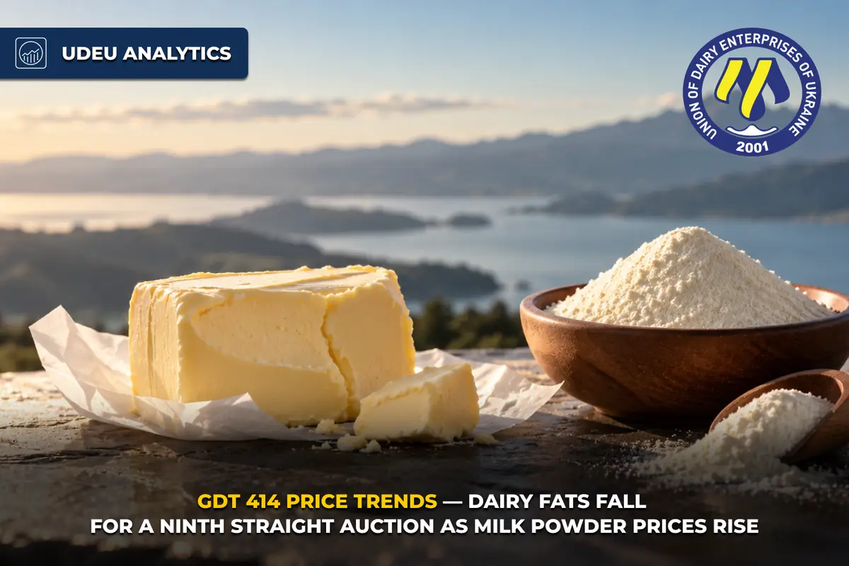 UDEU Analytics: GDT 414 price trends — dairy fats fall for a ninth straight auction as milk powder prices rise