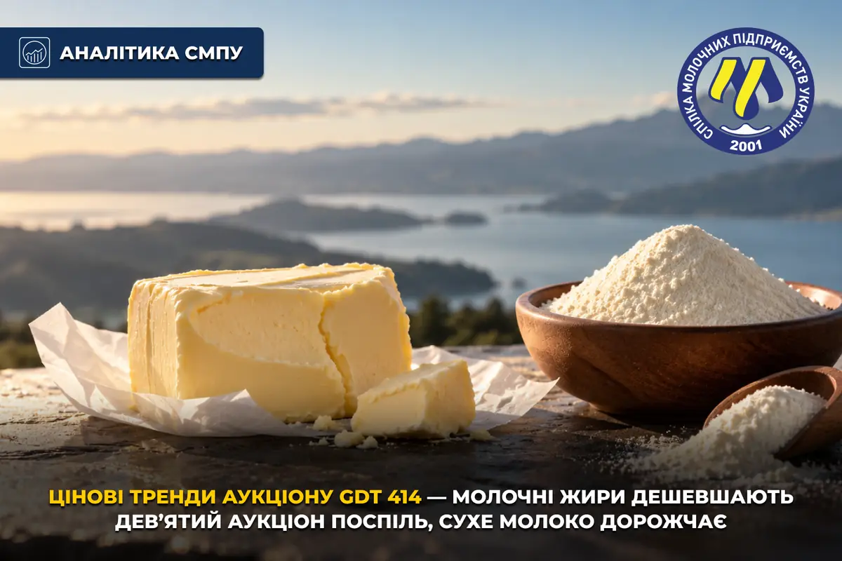 Аналітика СМПУ: цінові тренди аукціону GDT 414 — молочні жири дешевшають дев’ятий аукціон поспіль, сухе молоко дорожчає